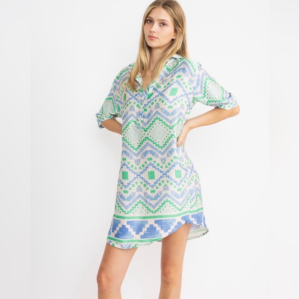 YANA K Finn Silky/Luxury Satin Tunic Mini Dress in Geo Matcha Print Sz S